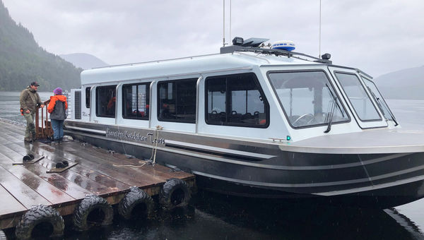 An Adventure Ketchikan Tours jet boat used to ferry excursion passengers to the Neet’s Bay Hatchery in Alaska for bear watching.