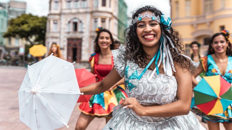 Frevo dancers at a Carnival celebration in Recife, Brazil.