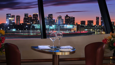 The Delta One Lounge overlooks Boston Harbor and the city skyline.