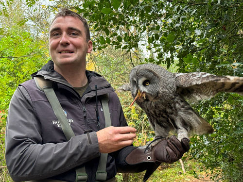 Falconer Liam Regan presents his great grey owl, which will perch on each guest’s wrist in turn.