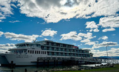 The American Eagle, an American Cruise Lines coastal catamaran docked in Milton, N.Y., during a fall foliage cruise of the Hudson River.