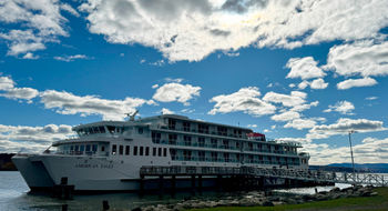 The American Eagle, an American Cruise Lines coastal catamaran docked in Milton, N.Y., during a fall foliage cruise of the Hudson River.