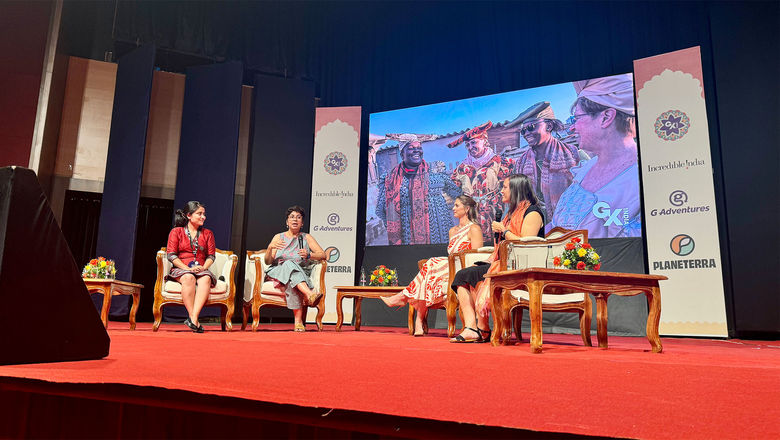 A panel at the GX Summit with, left to right, Aayusha Prasain, CEO, Community Homestay Network; Meenu Vadera, founder, Azad Foundation and Women With Wheels; Tabitha Lipkin, travel host, journalist and content creator; and moderator Kelly Galaski, senior director of operations and head of impact at Planeterra.