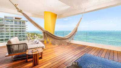 Corner suites at the Hotel Mousai Cancun feature wraparound terraces, hammocks and private plunge pools.