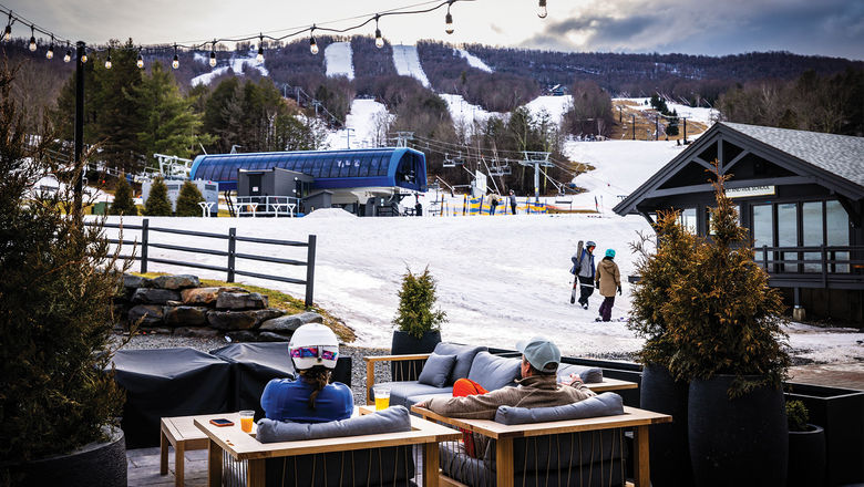 Visitors at The Terrace, Windham Mountain Club's slopeside full-service, outdoor lounge.