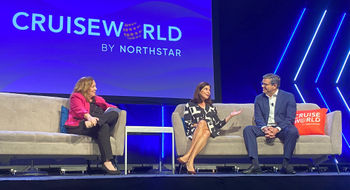 At CruiseWorld, moderator Mary Pat Sullivan (left) with Oceania executives Nikki Upshaw and Frank A. Del Rio.