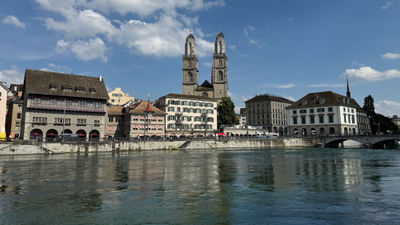 The Grossmunster church in Zurich's Old Town on the Limmat River.