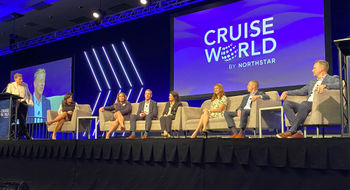 Sales executive “masterminds” from major cruise lines fielded both sales and personal questions at CruiseWorld during the Masterminds panel. From left, moderator and Travel Weekly editor in chief Arnie Weissmann; Jennifer Suarez, Celebrity Cruises; Carmen Roig, Princess Cruises; Kirk Neal, Carnival Cruise Line; Wendy Whitener, MSC Cruises; Vicki Freed, Royal Caribbean; Rob Coleman, Holland American Line; and John Chernesky, Norwegian Cruise Line.