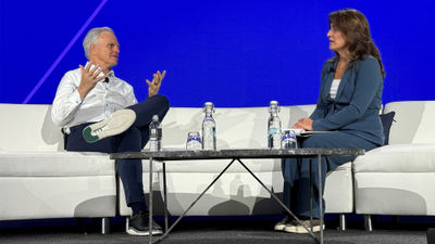 David Neeleman, CEO of Breeze Airways, discussing sustainable airline fuel at the Phocuswright Conference with Mitra Sorrells, senior vice president, content, for Phocuswright/Phocuswire