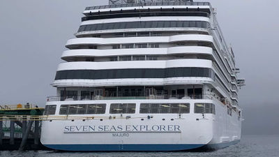 The Seven Seas Explorer docked at Icy Strait Point in Alaska.