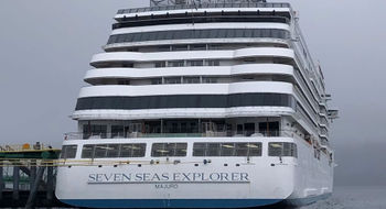 The Seven Seas Explorer docked at Icy Strait Point in Alaska.