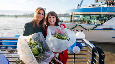 Viva Cruises CEO Andrea Kruse (left) with godmother Jeannine Williamson at the Viva Enjoy christening.