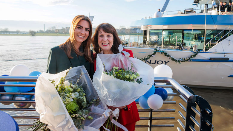 Viva Cruises CEO Andrea Kruse (left) with godmother Jeannine Williamson at the Viva Enjoy christening.