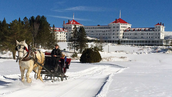 When snow cover permits, guests at the Omni Mount Washington Resort & Spa in New Hampshire can go on sleigh rides.